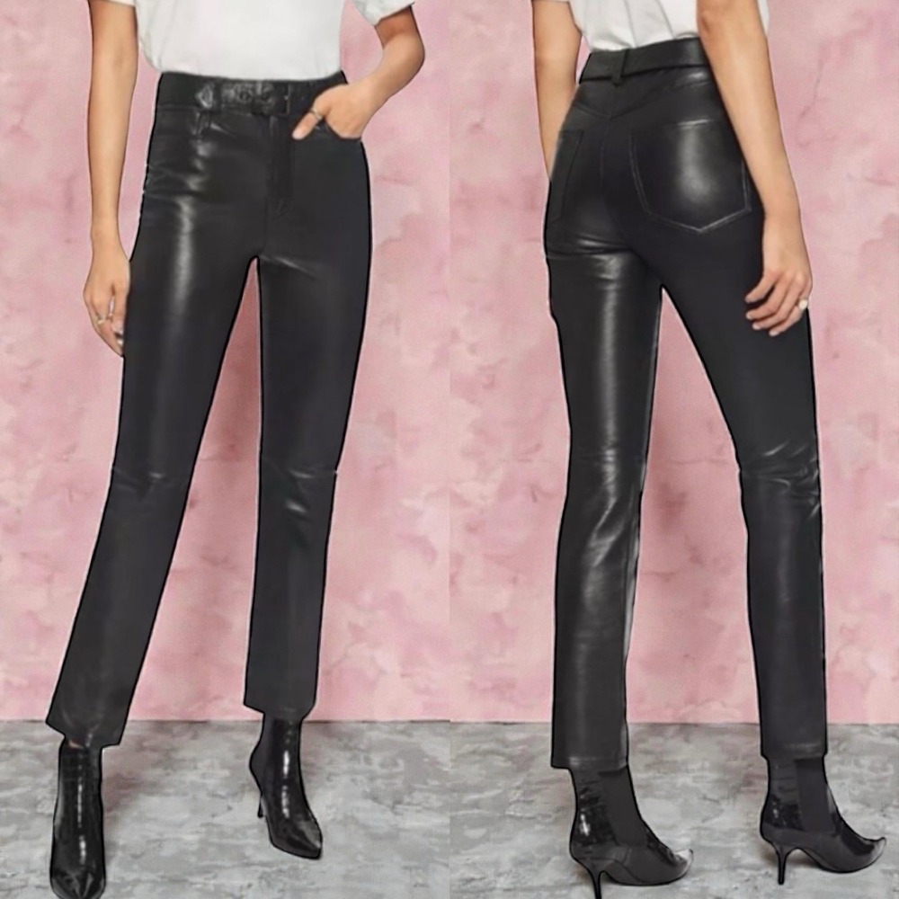 Anine Bing Connor Pants Black Lamb‎ Leather High Rise Belted Straight Leg 40(M)